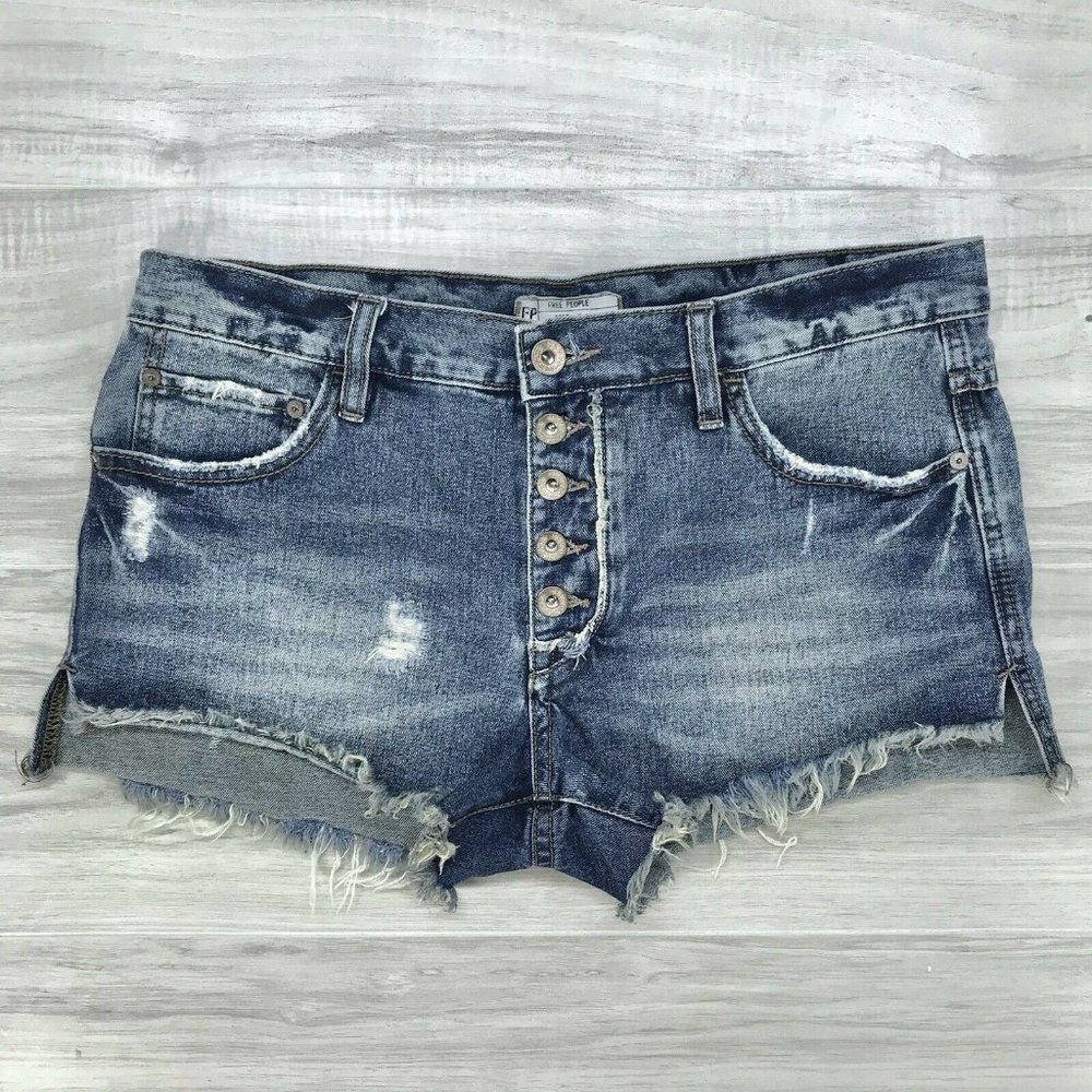 Free People Women's Blue Button Fly Cutoff Denim Shorts Womens 28